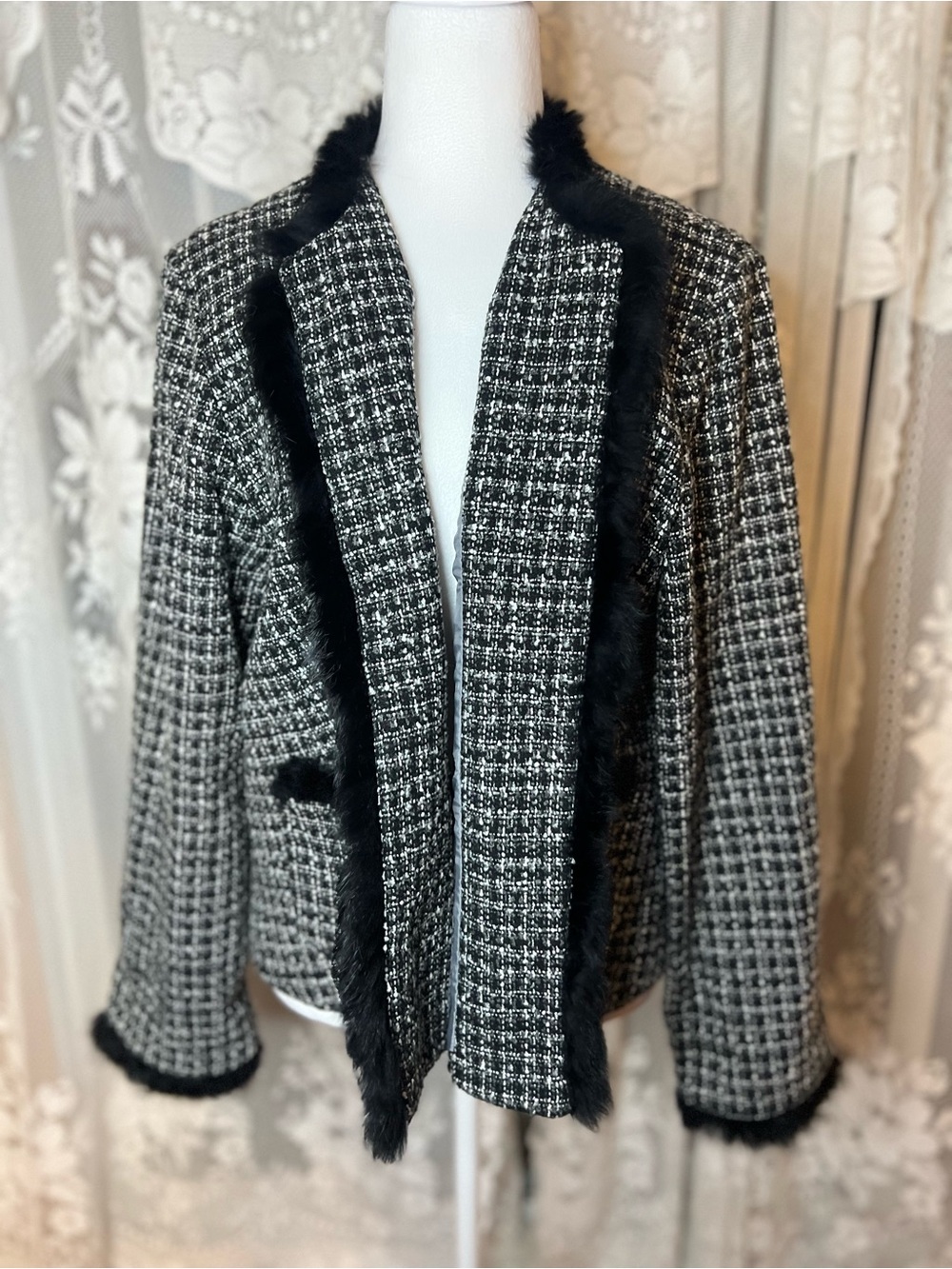 WD.NY Black and White Tweed Blazer with Faux Fur Trim